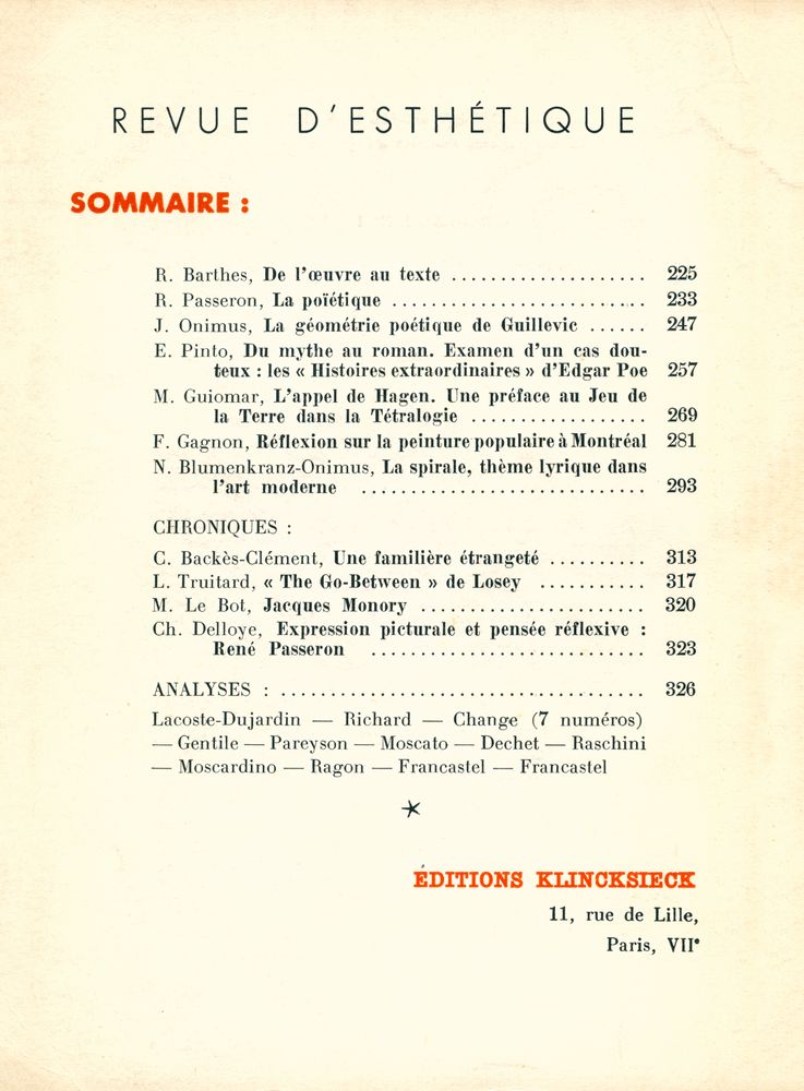 『REVUE D'ESTHÉTIQUE』 3, 1971 2