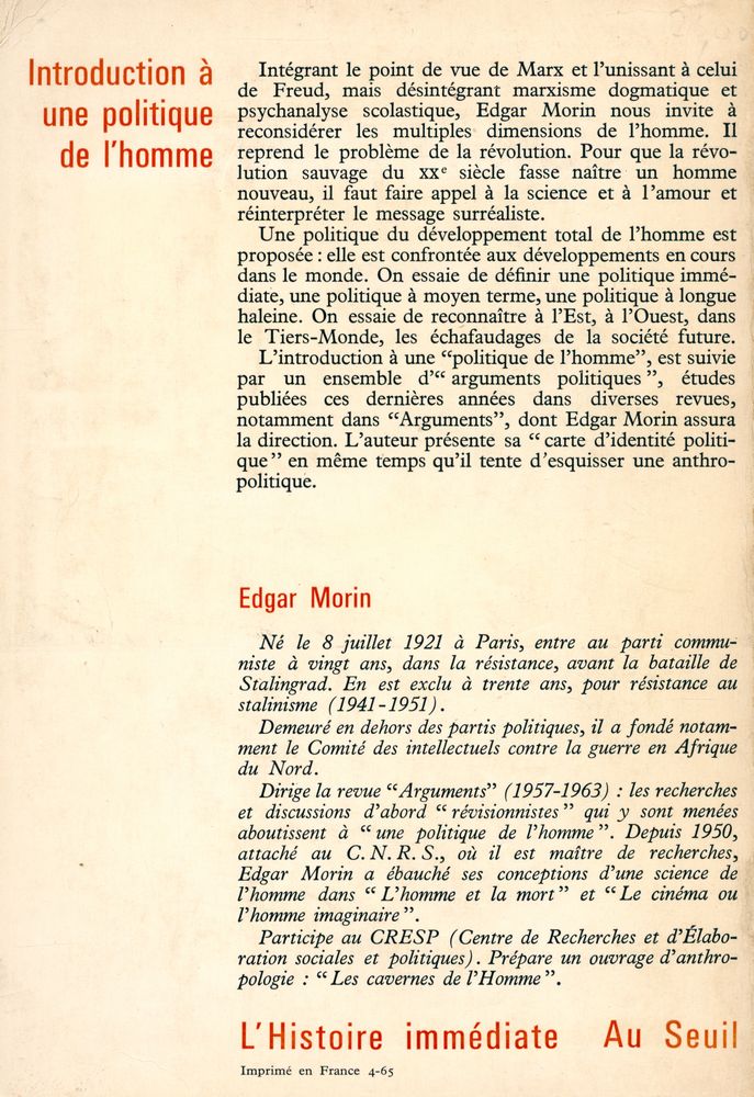 『INTRODUCTION A UNE POLITIQUE DE L'HOMME SUIVI DE 