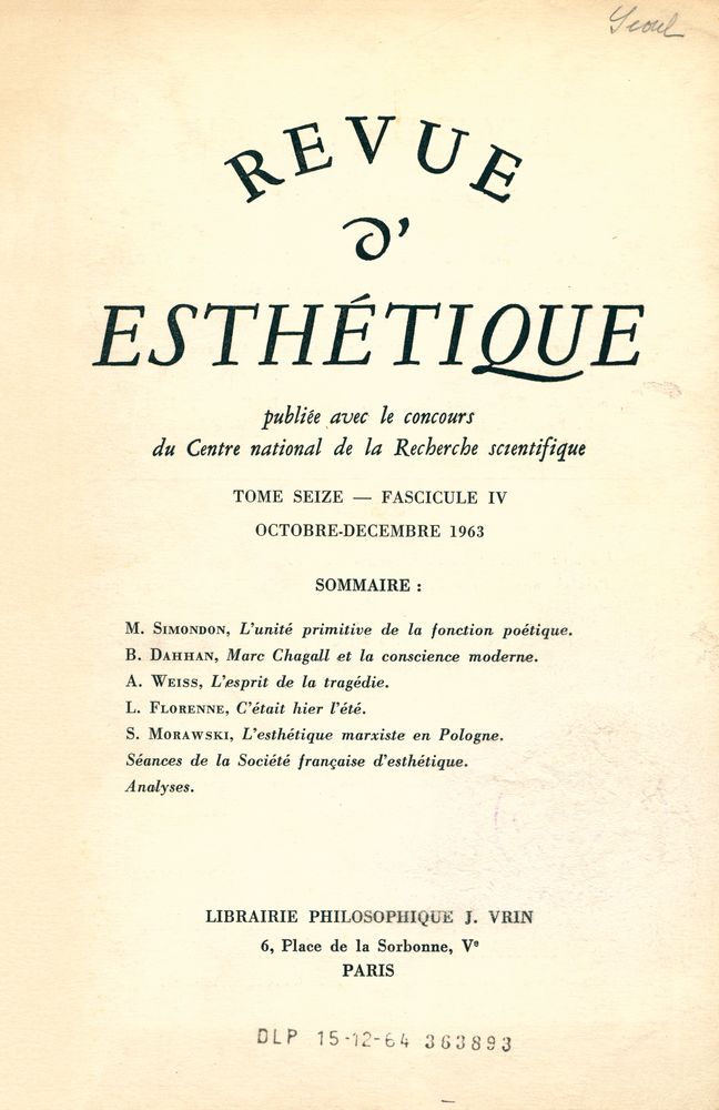 『REVUE d'ESTHÉTIQUE』 TOME SEIZE - FASCICULE IV, OCTOBRE - DECEMBRE 1963 1