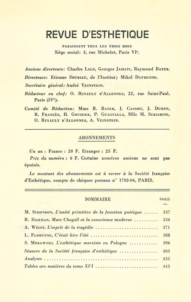 『REVUE d'ESTHÉTIQUE』 TOME SEIZE - FASCICULE IV, OCTOBRE - DECEMBRE 1963 2
