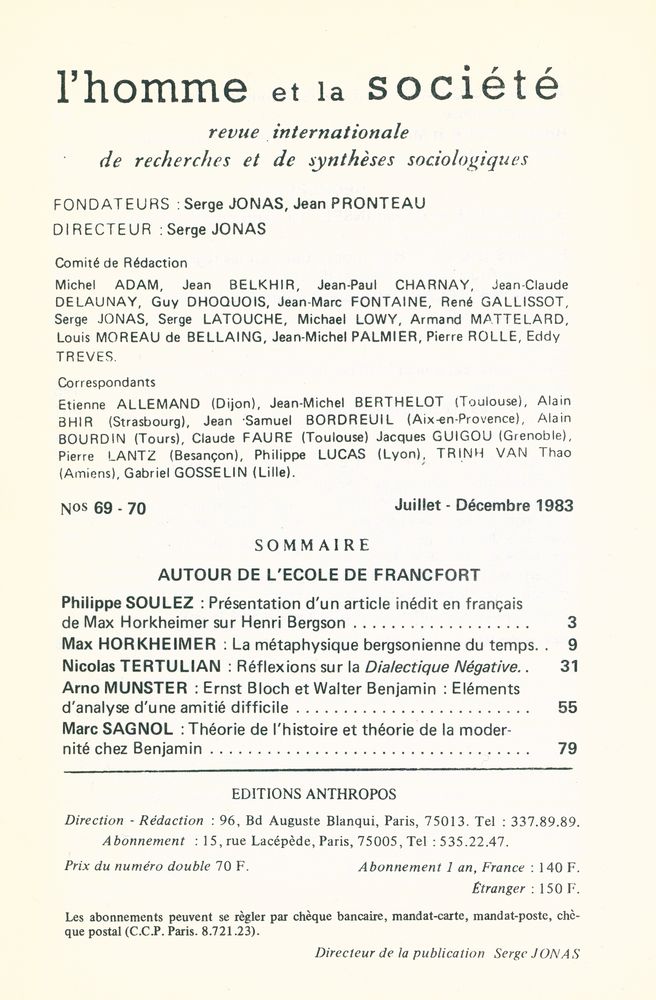 『I'homme et la société』 N°69 - 70 2