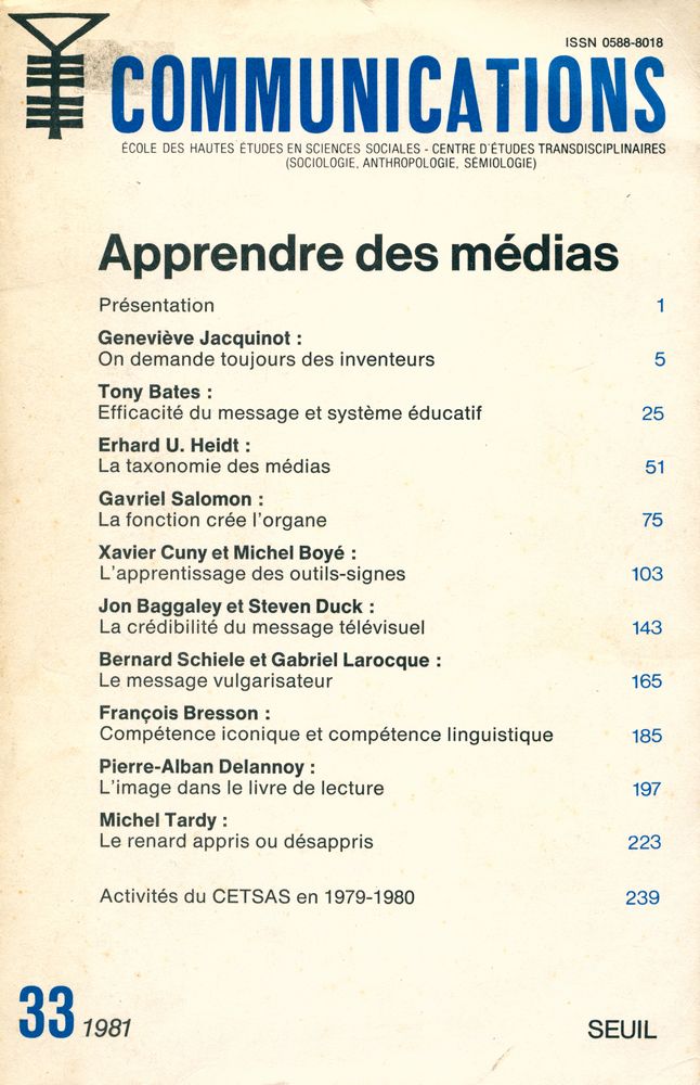 『COMMUNICATIONS: Apprendre des médias』 1981 33 1