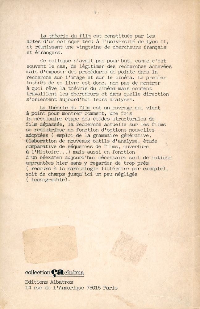 『LA THÉORIE DU FILM : Colloque de Lyon』 3