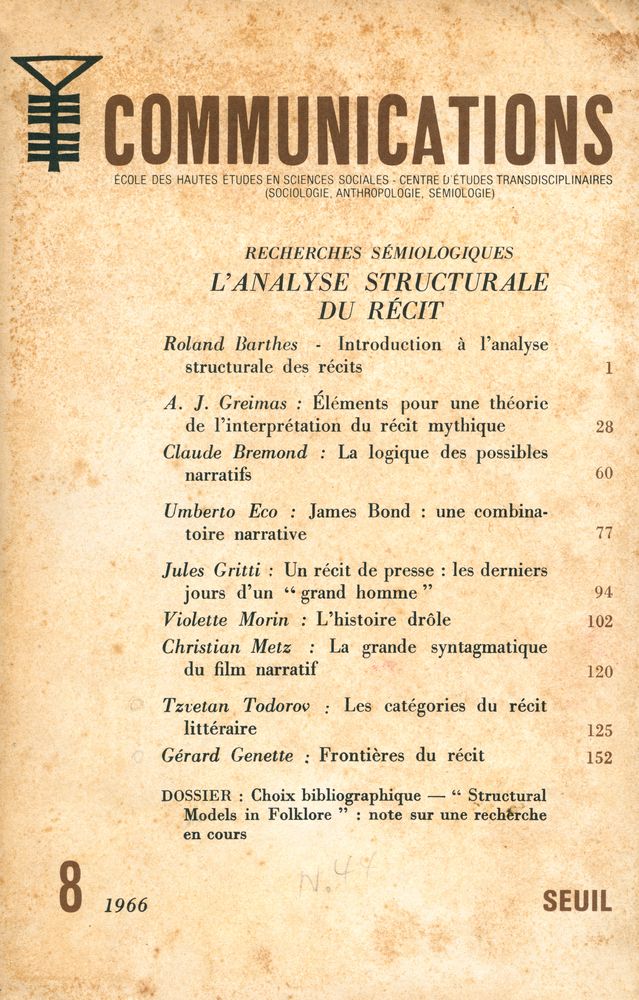 『COMMUNICATIONS 8 : L'ANALYSE STRUCTURALE DU RÉCIT : RECHERCHES SÉMIOLOGIQUES』 1