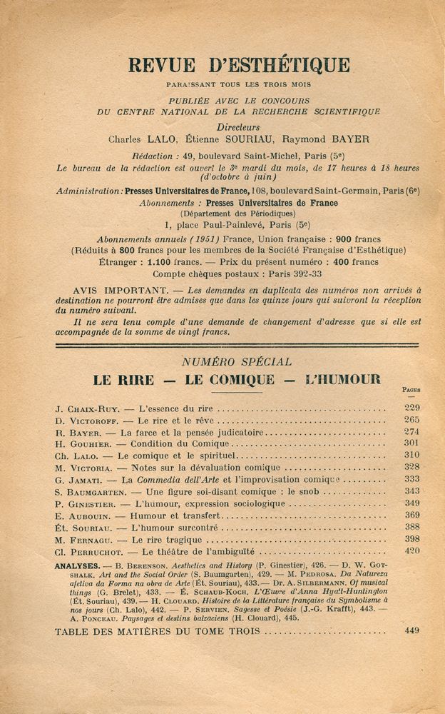 『REVUE D' ESTHÉTIQUE』 TOME TROIS - FASCICULES 3 et 4 JUILLET - DECEMBRE 1950 2
