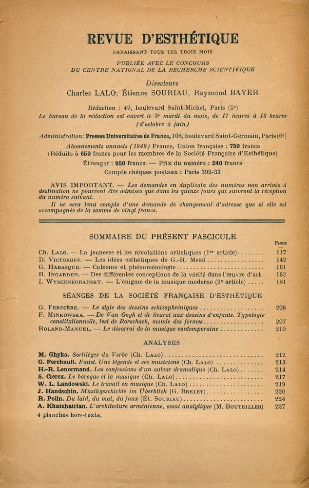 『REVUE D' ESTHÉTIQUE』 TOME DEUX - FASCICULE 2 AVRIL - JUIN 1949 2