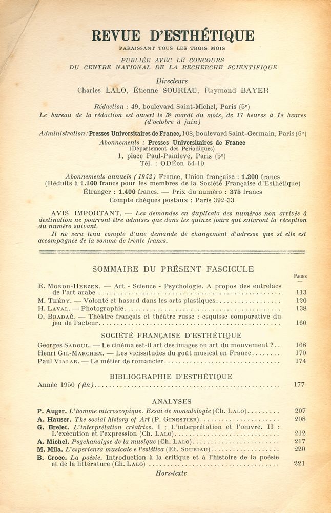 『REVUE D' ESTHÉTIQUE』 TOME CINQ - FASCICULE 2 AVRIL - JUIN 1952 2