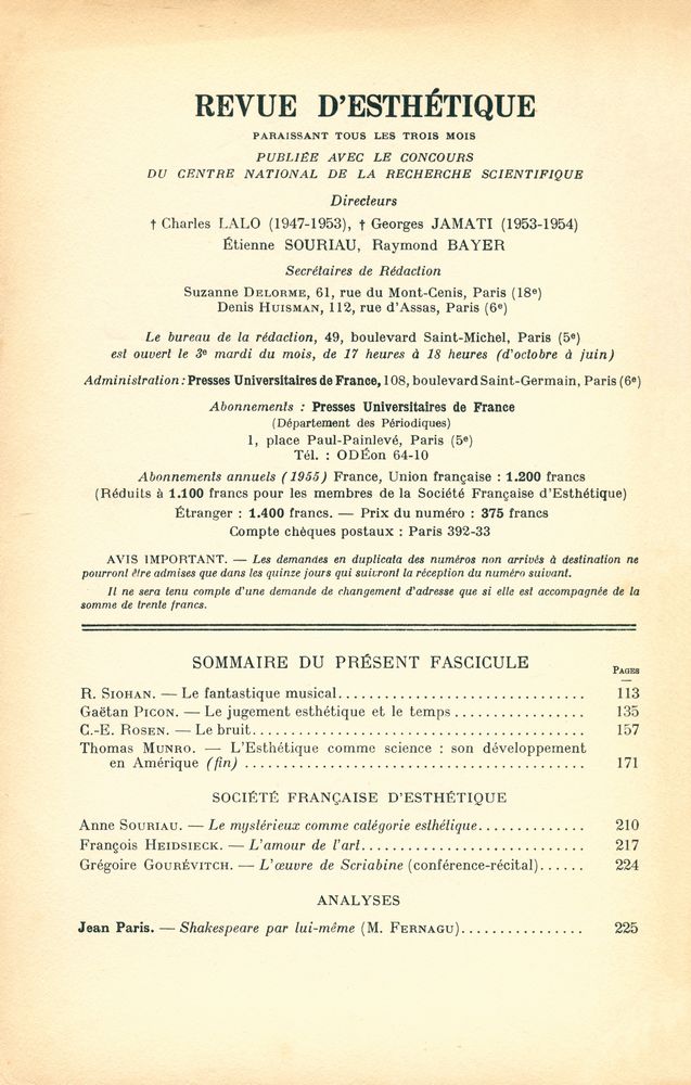 『REVUE D' ESTHÉTIQUE』 TOME HUIT - FASCICULE 2 AVRIL - JUIN 1955 2
