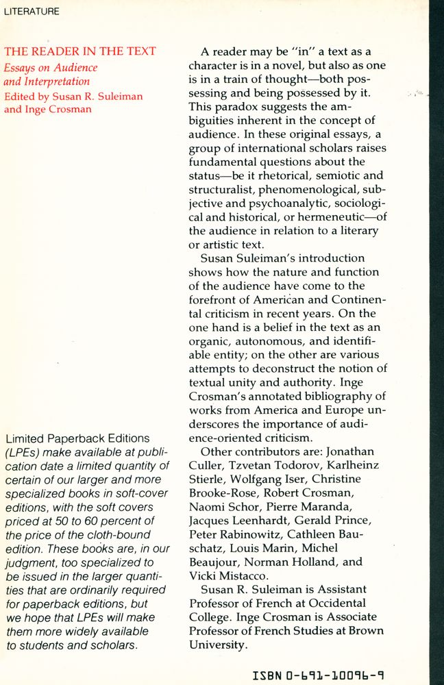 『THE READER IN THE TEXT : Essays on Audience and Interpretation』 4
