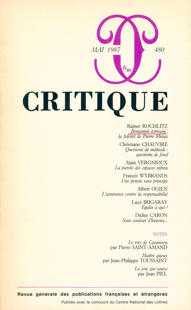 『CRITIQUE』 N° 480 1