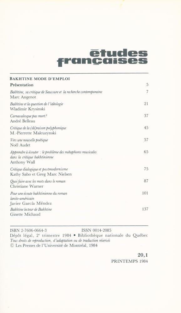『ETUDES FRANÇAISES : BAKHTINE』 2