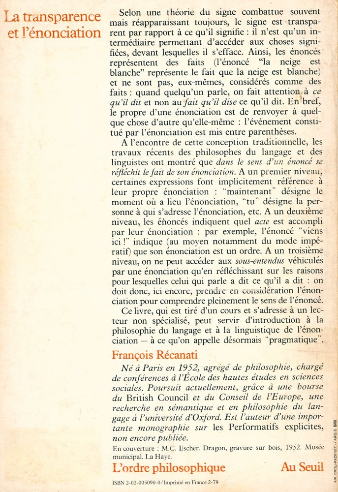 『La transparence et l'énonciation : pour introduire à la pragmatique』 5
