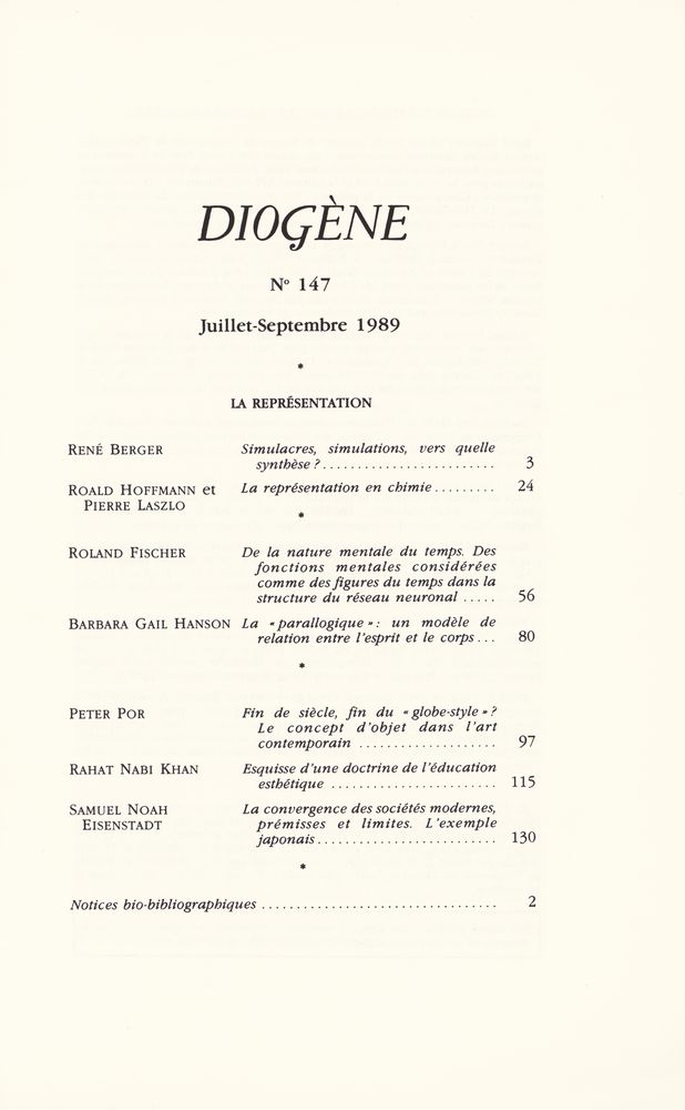 『DIOGÈNE』 N° 147, Juillet - Septembre 1989 2
