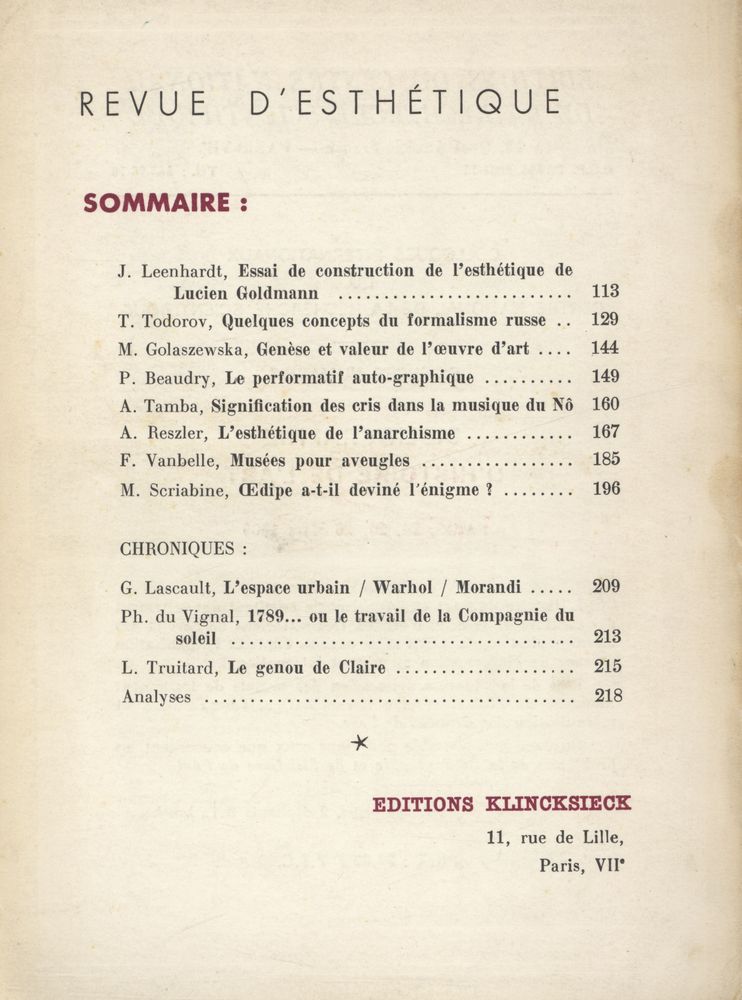 『REVUE d'ESTHÉTIQUE』 TOME XXIV - FASCICULE Ⅱ, AVRIL - JUIN 1971 3
