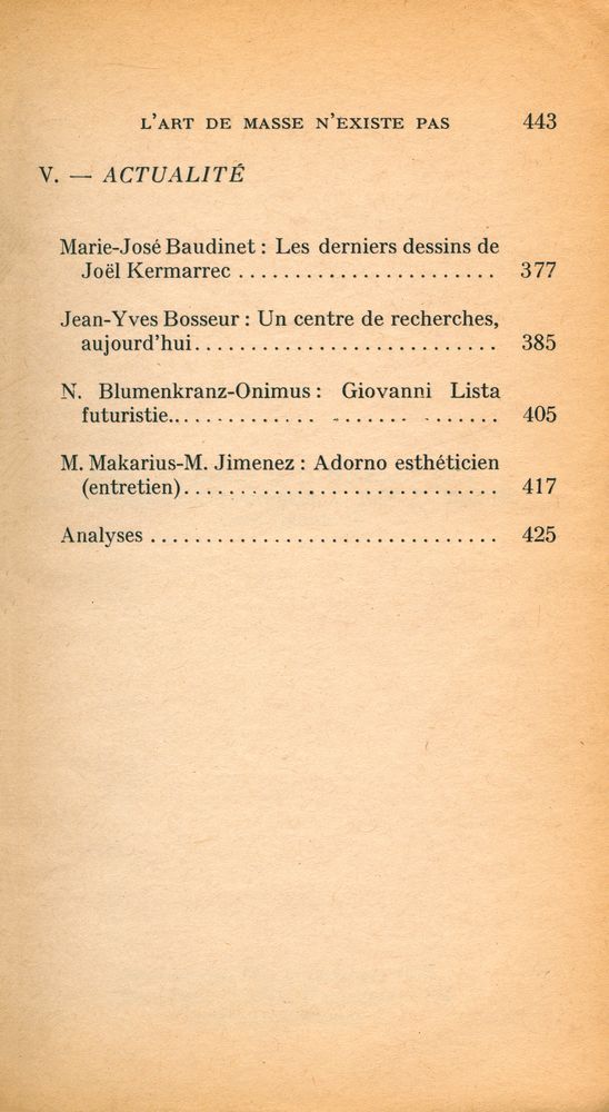 『L'ART DE MASSE N'EXISTE PAS : Revue d'Esthétique』 1974, Nº 3 - 4 4