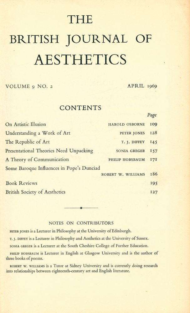 『THE BRITISH JOURNAL OF AESTHETICS』 VOLUME 9 NO. 2 2