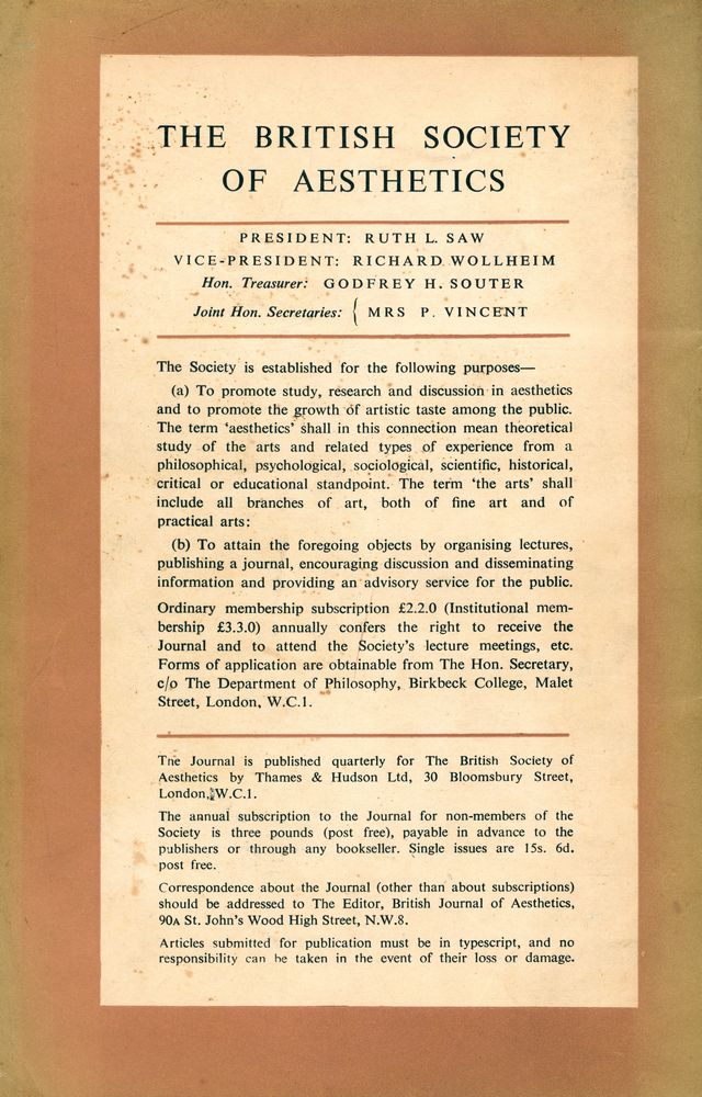 『THE BRITISH JOURNAL OF AESTHETICS』 VOLUME 9 NO. 2 3