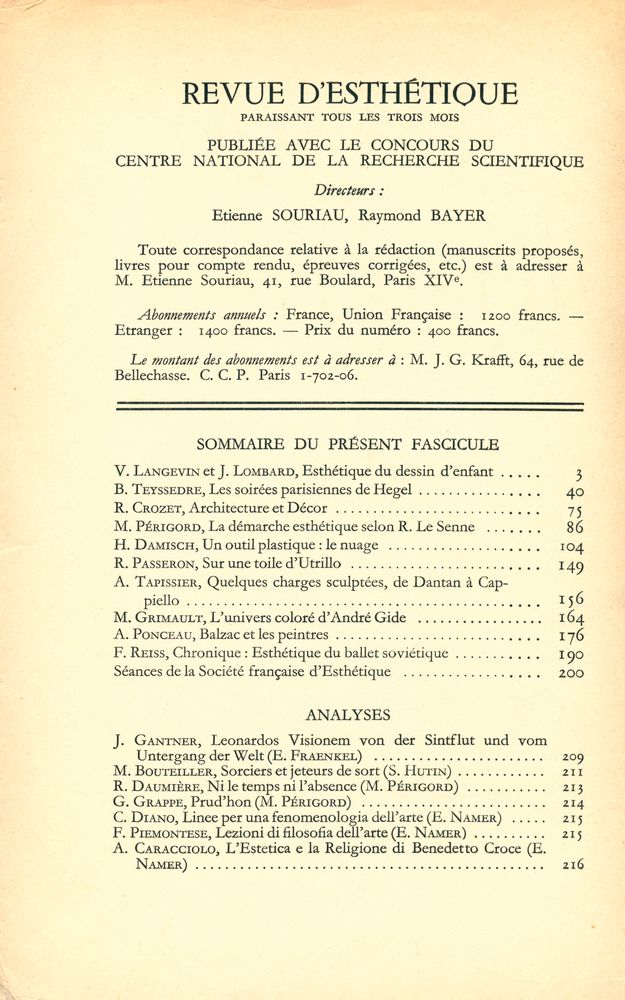 『REVUE d'ESTHÉTIQUE』 JANVIER - JUIN 1958 2