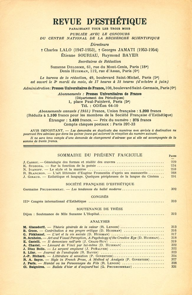 『REVUE d'ESTHÉTIQUE』 JUILLET - SEPTEMBRE 1955 2
