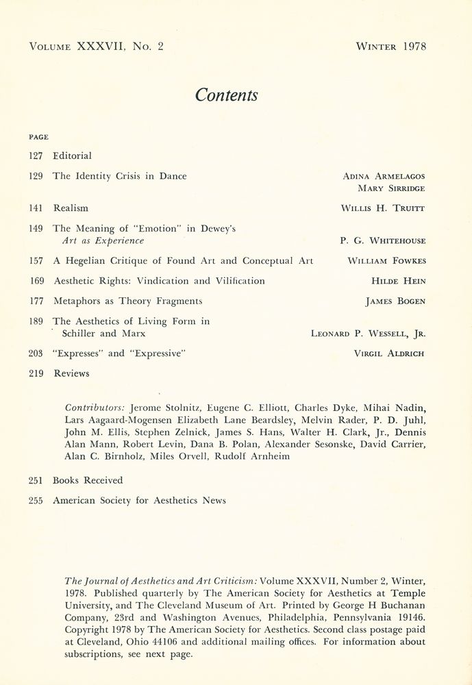 『The Journal Of Aesthetics And Art Criticism』 Volume ⅩⅩⅩⅤⅡ, Number 2, Winter, 1978 2