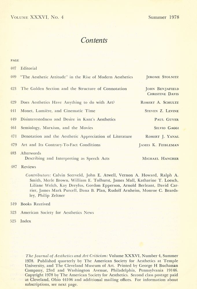 『The Journal Of Aesthetics And Art Criticism』 Volume ⅩⅩⅩⅤⅠ, Number 4, Summer, 1978 2