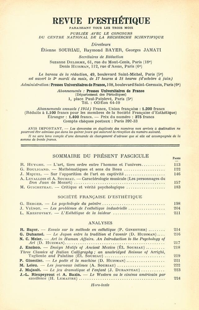 『REVUE D'ESTHÉTIQUE』 TOME SEPT - FASCICULE 2 AVRIL - JUIN 1954 2