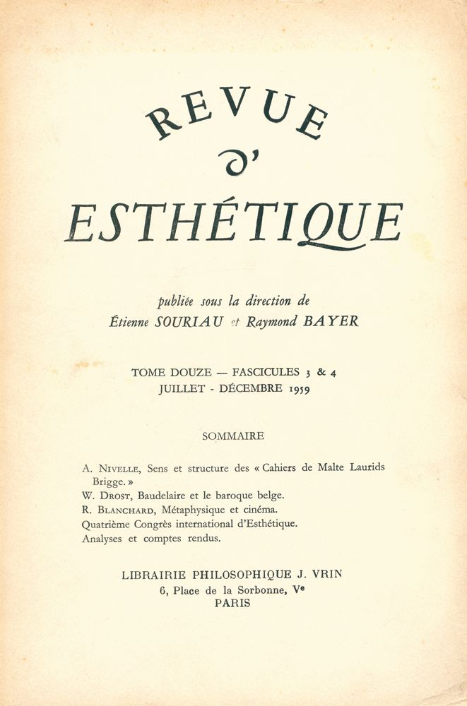 『REVUE D'ESTHÉTIQUE』 TOME DOUZE - FASCICULES 3 & 4 JUILLET - DÉCEMBRE 1959 1