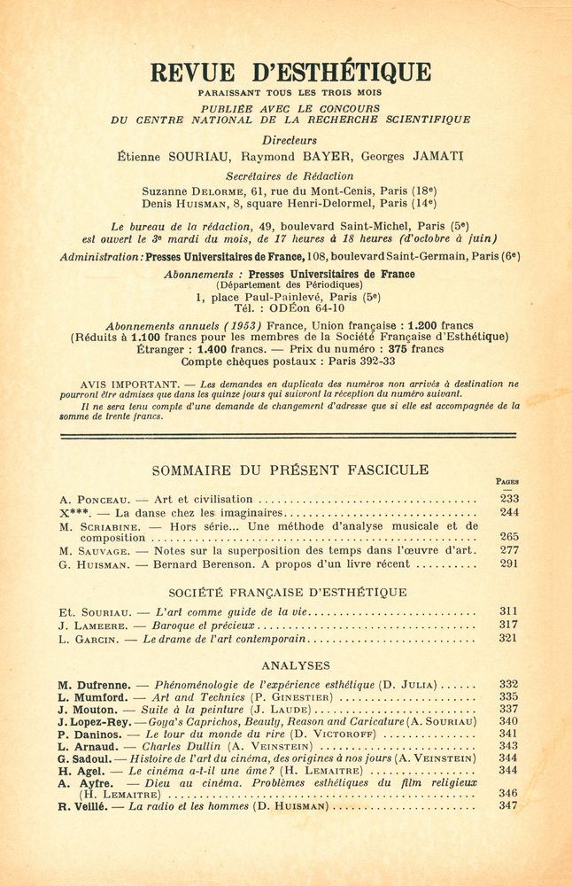『REVUE D'ESTHÉTIQUE』 TOME SIX - FASCICULE 3 JUILLET - SEPTEMBRE 1953 2