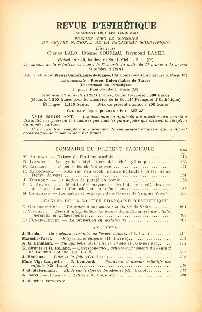 『REVUE D'ESTHÉTIQUE』 TOME QUATRE - FASCICULE 2 AVRIL - JUIN 1951 2