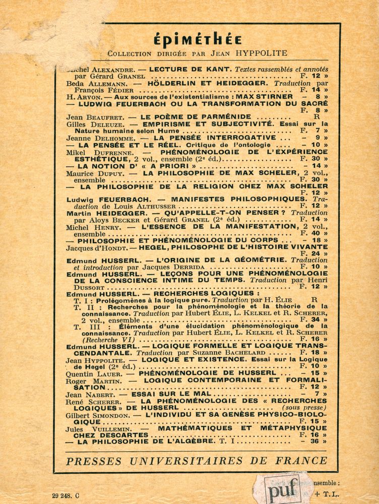『ÉPIMÉTHÉE : Essais philosophiques Collection digrée par Jean HYPOLLITE : PHÉNOMÉNOLOGIE DE L'EXPÉRIENCE ESTHÉTIQUE : TOME SECOND : LA PERCEPTION ESTHÉTIQUE』 4