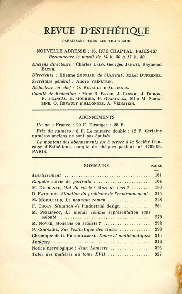 『REVUE D'ESTHETIQUE』 AOÛT - DÉCEMBRE 1964 2