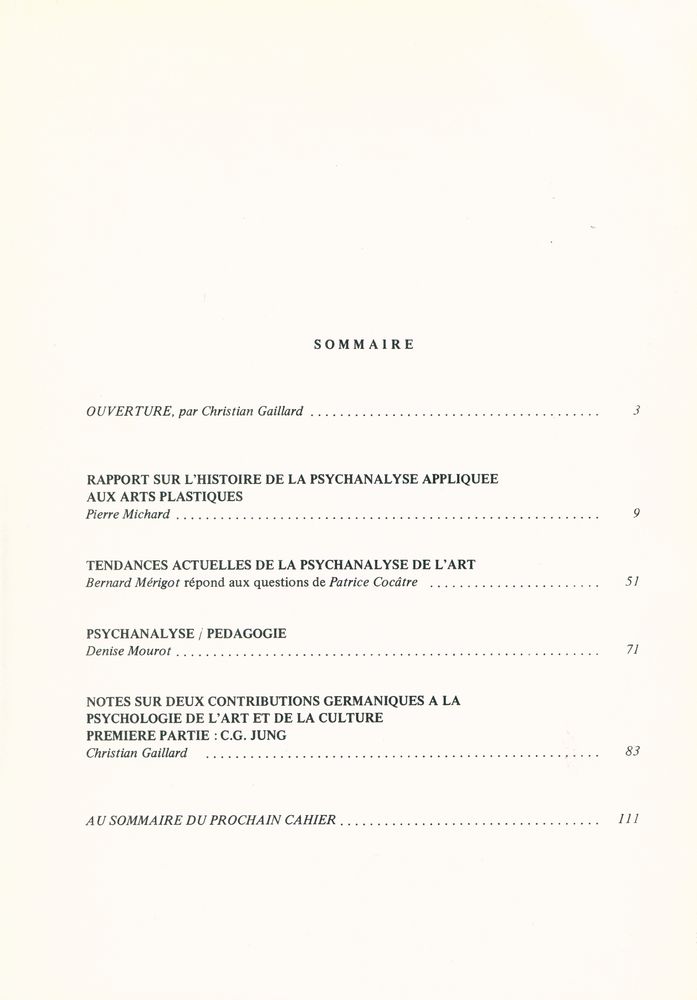 『CAHIERS DE PSYCHOLOGIE DE L'ART ET DE LA CULTURE, NUMERO 1, 1977 : SUR L'ART ET LA PSYCHANALYSE』 2