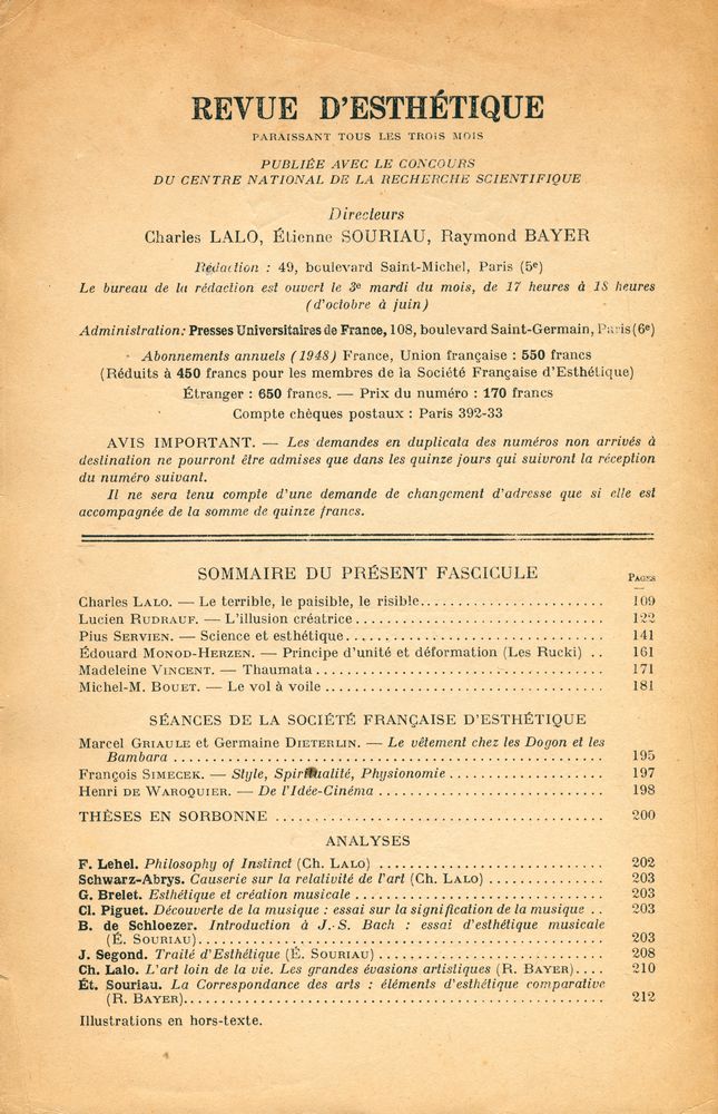 『REVUE d'ESTHÉTIQUE』 TOME PREMIER FASCICULE 2 AVRIL - JUIN 1948 2