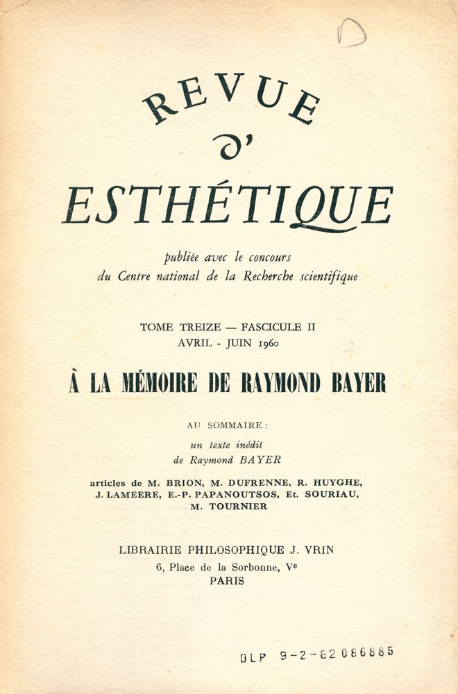 『REVUE d'ESTHÉTIQUE』 TOME TREIZE FASCICULE Ⅱ AVRIL - JUIN 1960 1