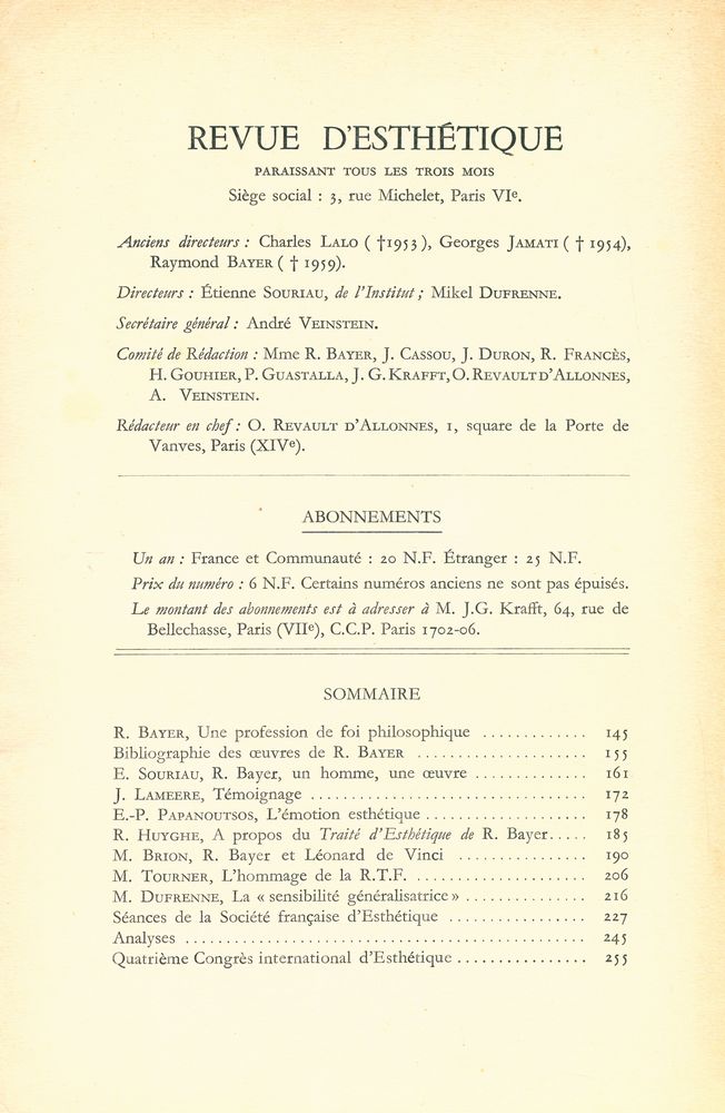 『REVUE d'ESTHÉTIQUE』 TOME TREIZE FASCICULE Ⅱ AVRIL - JUIN 1960 2