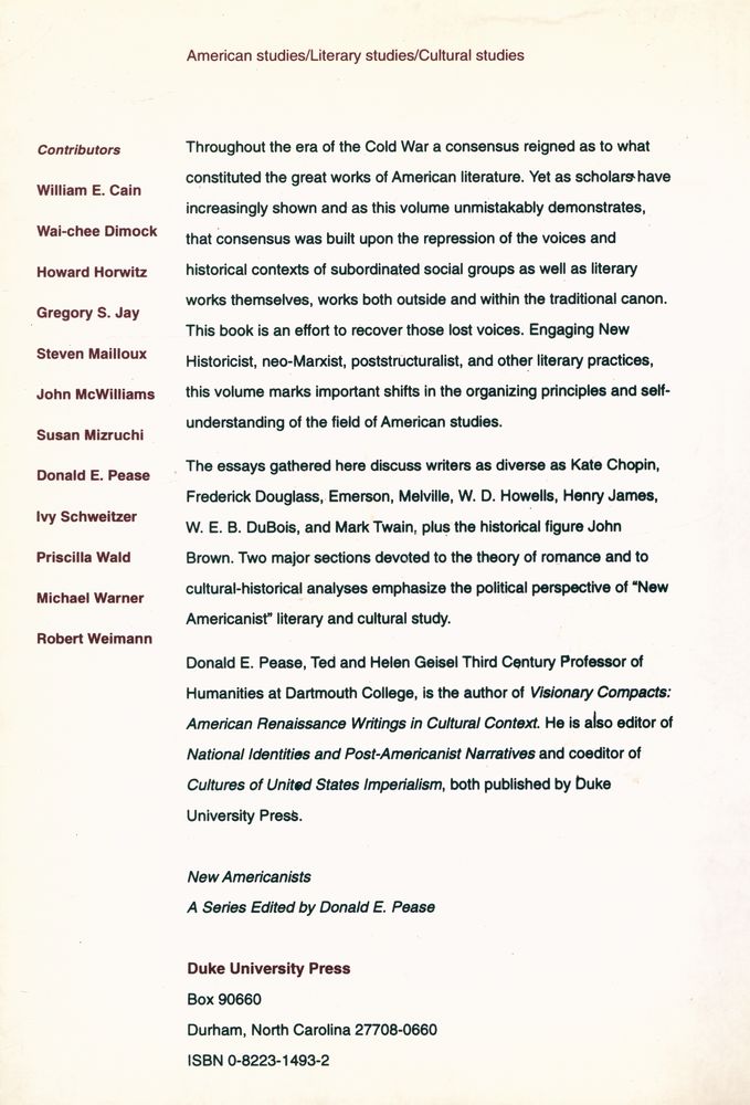 『New Americanists : REVISIONARY INTERVENTIONS INTO THE AMERICANIST CANON』 4