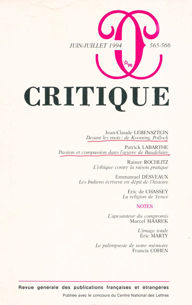 『CRITIQUE』 Juin - Juillet 1994,  TOME XLX. - Nº 565 - 566 1