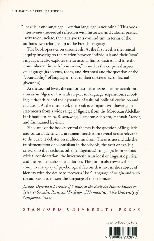 『Monolingualism of the Other; Or, the Prosthesis of Origin』 3