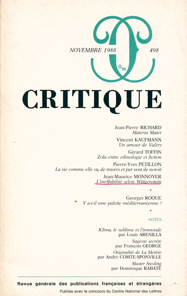 『CRITIQUE』 TOME XLIV - N° 498 1