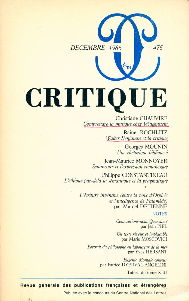 『CRITIQUE』 TOME XLII - N° 475 1