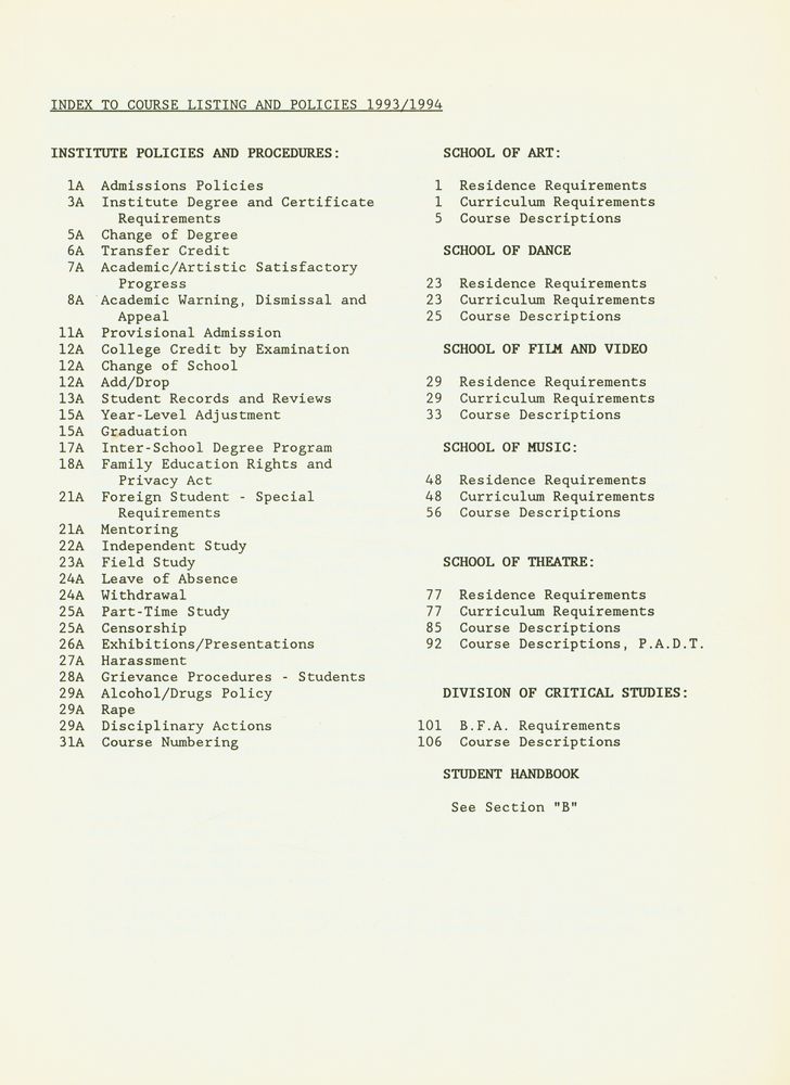 『CalArts Course Listing Policies Student Handbook 1993 - 1994』 2