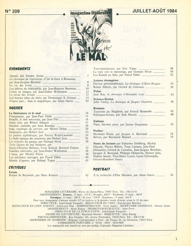『magazine littéraire』 N°209 JUILLET - AOUT 1984 2