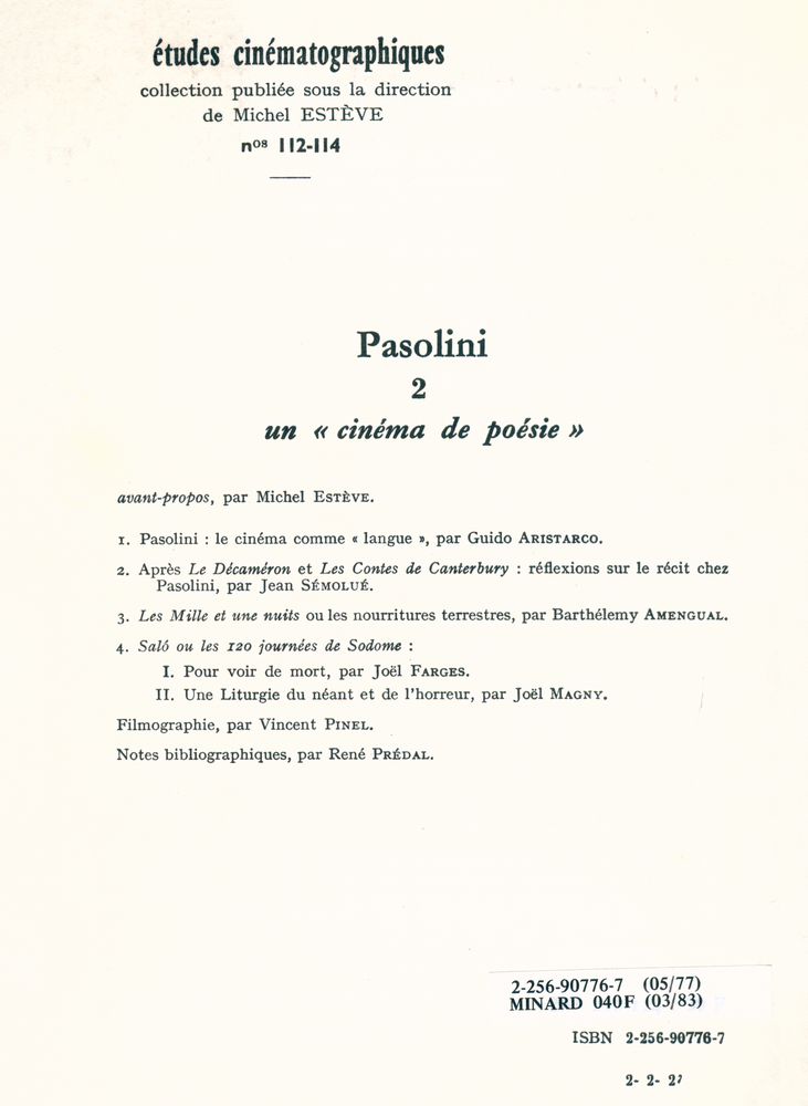 『études cinématographiques 112 - 114 - Pier Paolo Pasolini (2) un cinéma de poésie』 3