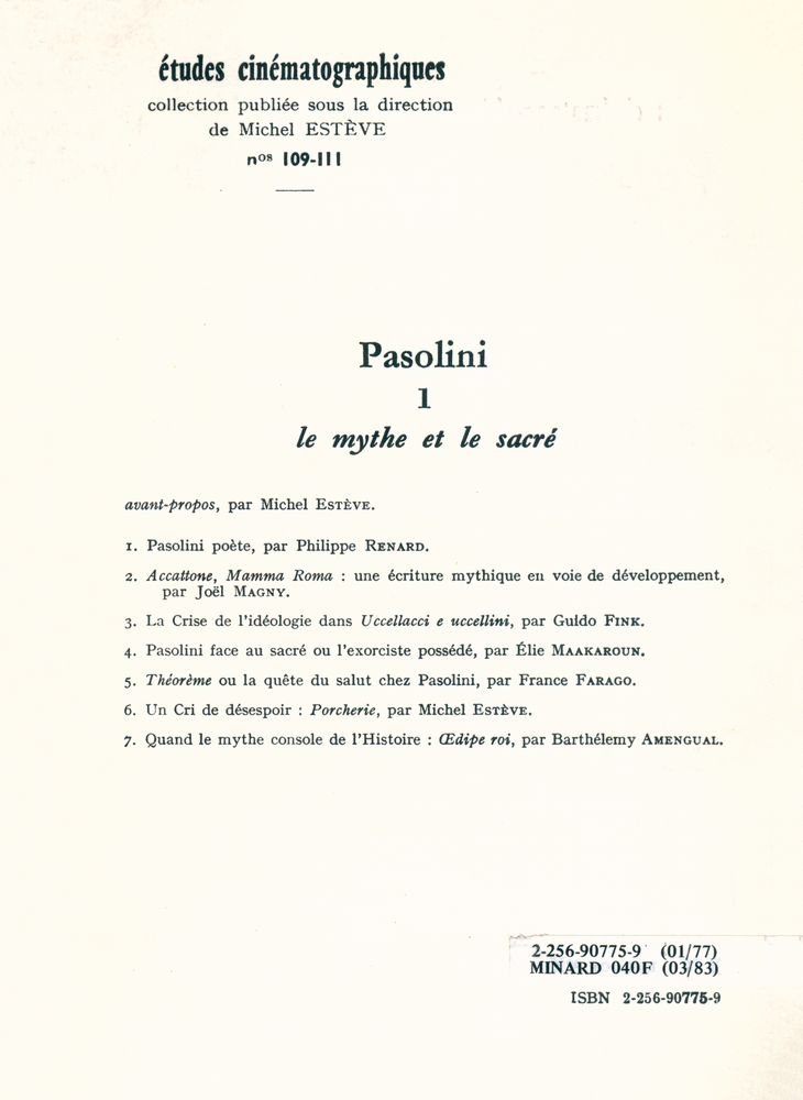 『études cinématographiques 109 - 111 - Pier Paolo Pasolini (1) le mythe et le sacré』 3