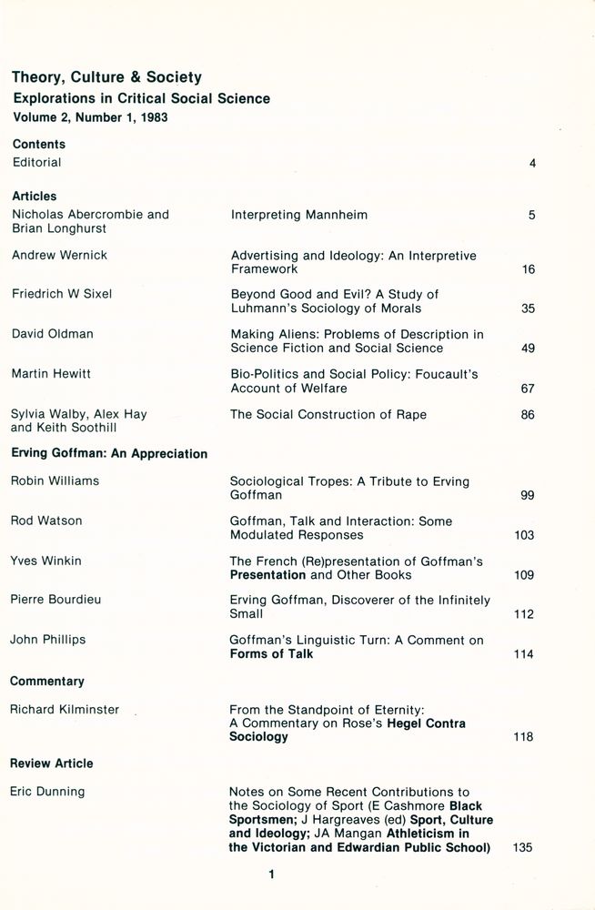 『Theory Culture & Society』 Volume 2 Number 1 2