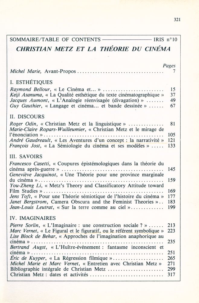 『IRIS Vol. 6, n.1 - CHRISTIAN METZ ET LA THÉORIE DU CINÉMA : CHRISTIAN METZ & FILM THEORY』 2