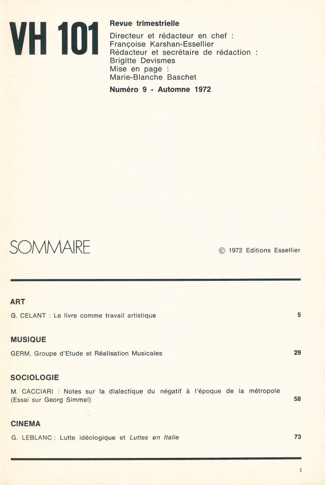 『VH 101』 NUMERO 9 AUTOMNE 1972 2
