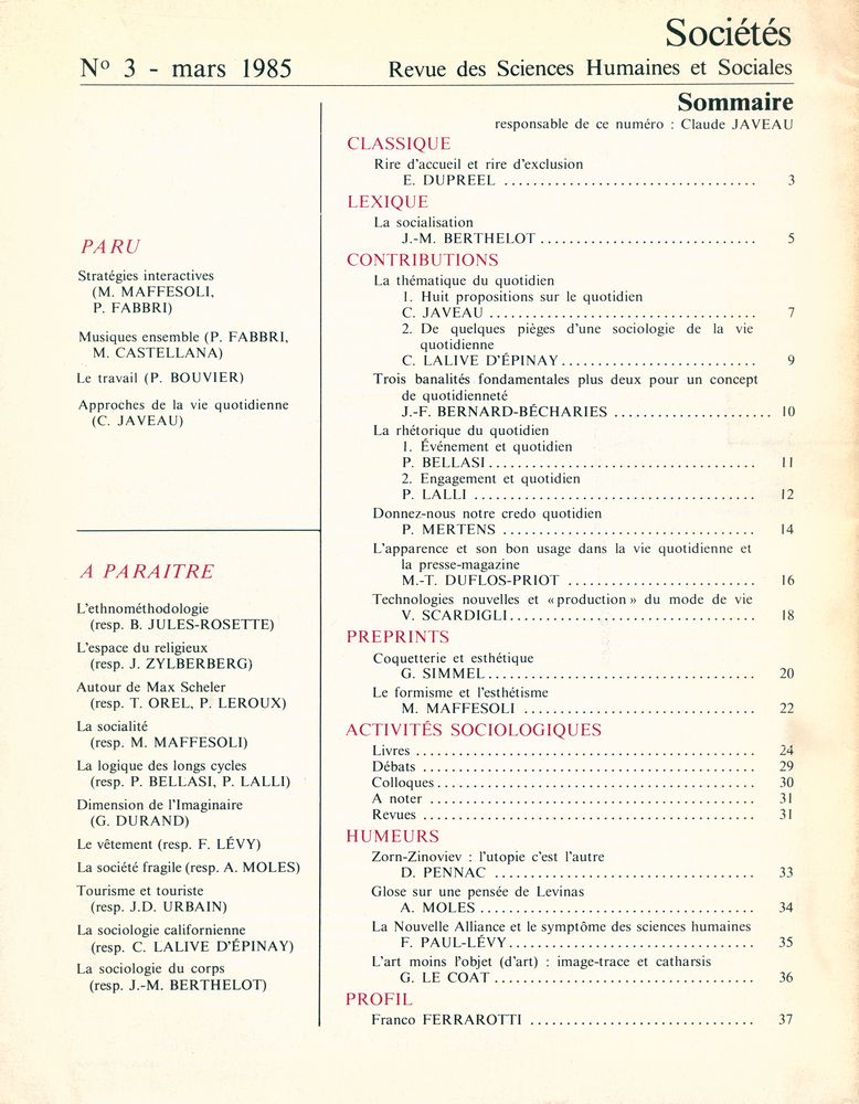 『Sociétés』 Mars 1985 Vol. 1 Nº 3 2