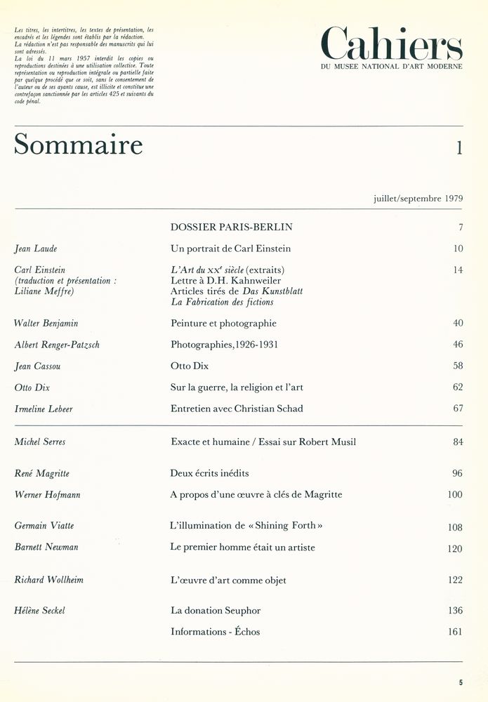 『Cahiers DU MUSEE NATIONAL D'ART MODERNE』  N° 1 1979 2