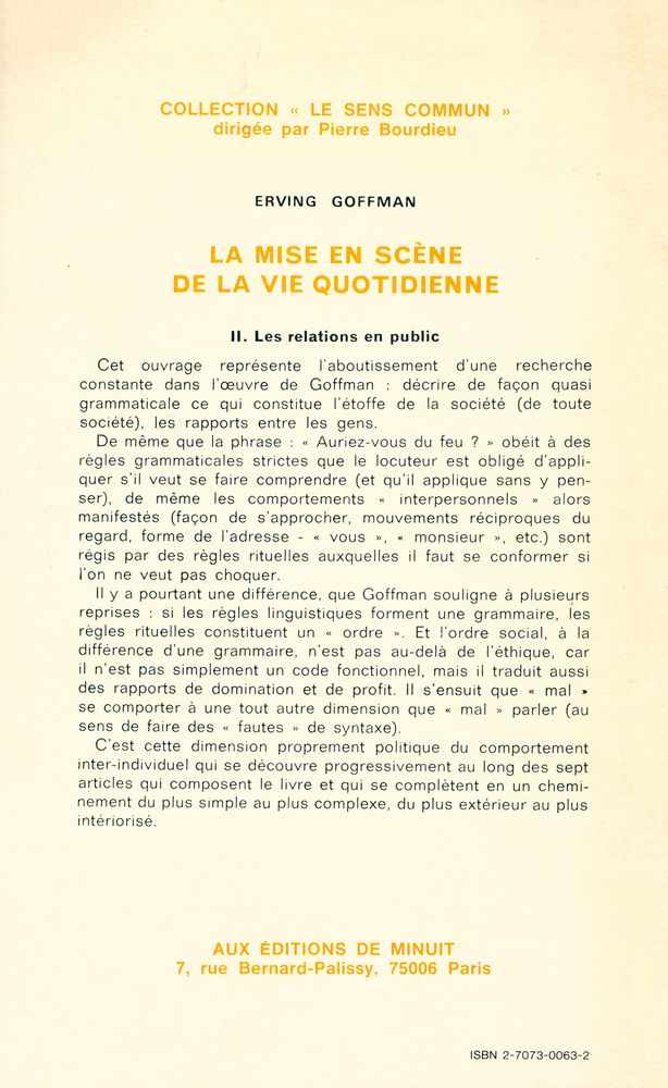 『la mise en scène de la vie quotidienne : 2. Les relations en public』 4